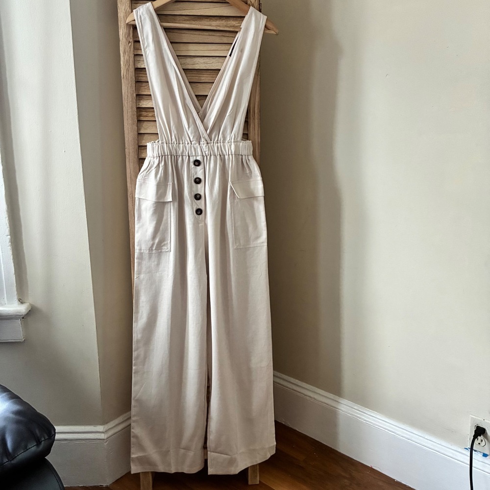 Blue Blush Cream Linen Blend Wide Leg V-Neck Button Front Jumpsuit S Minimalist